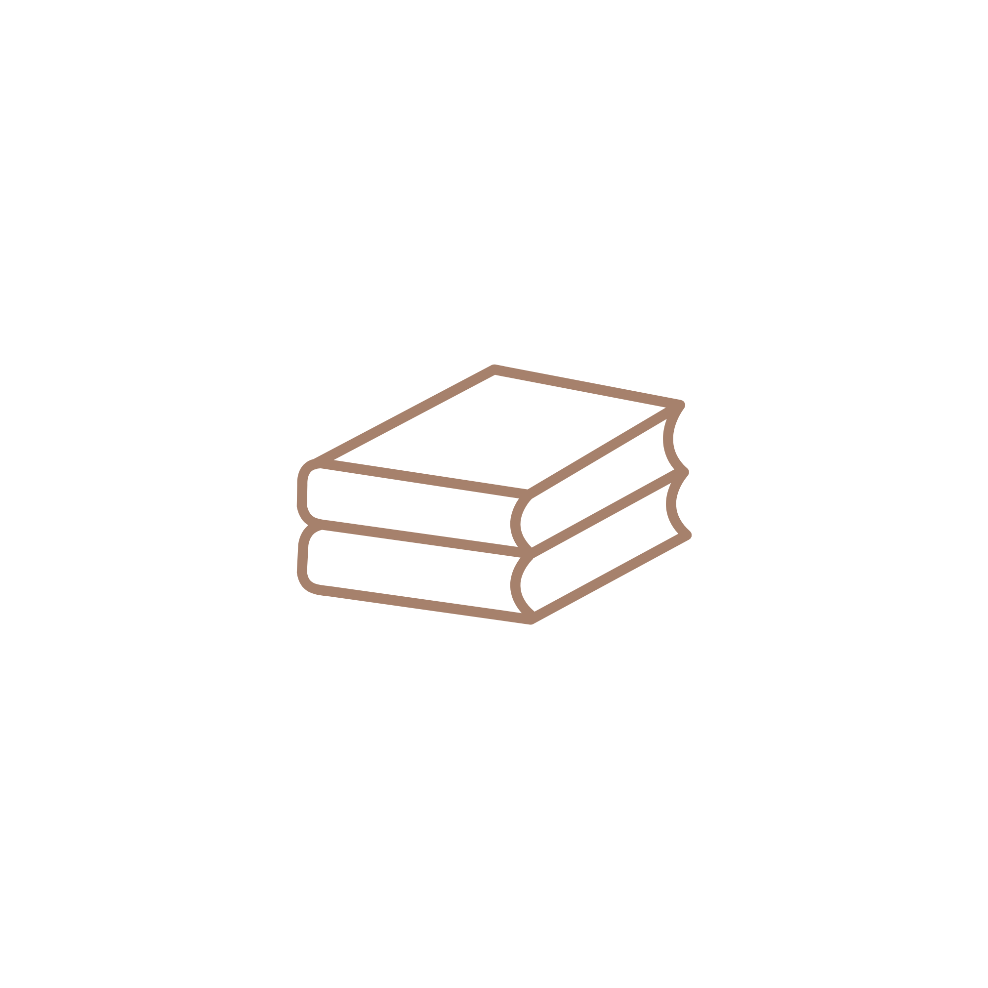Outlined drawing of a pile of books in brown.