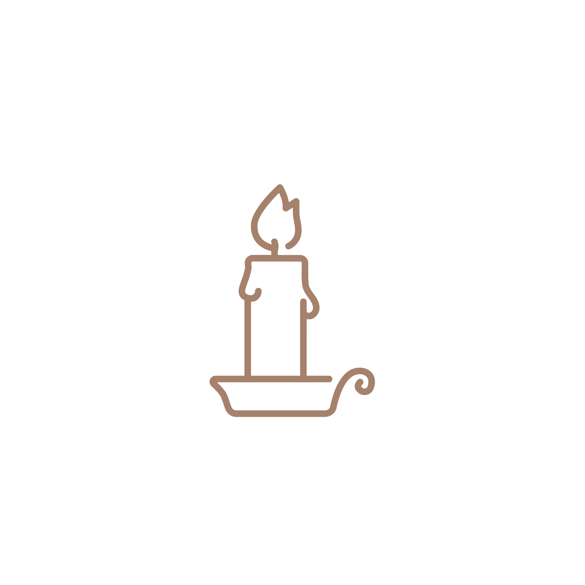 A simple line drawing of a lit candle in a decorative holder.