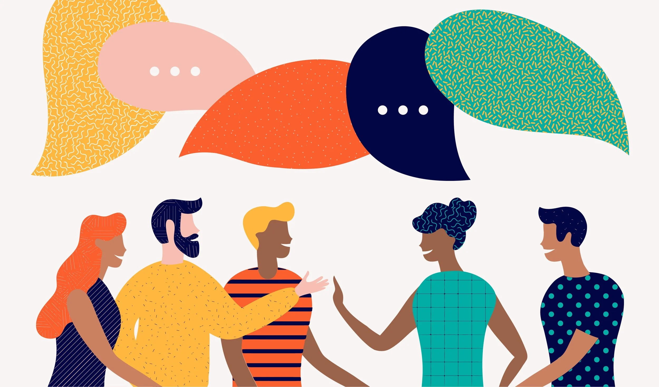 Illustrazione di persone che parlano e discutono, con nuvole di pensiero colorate sopra di loro.