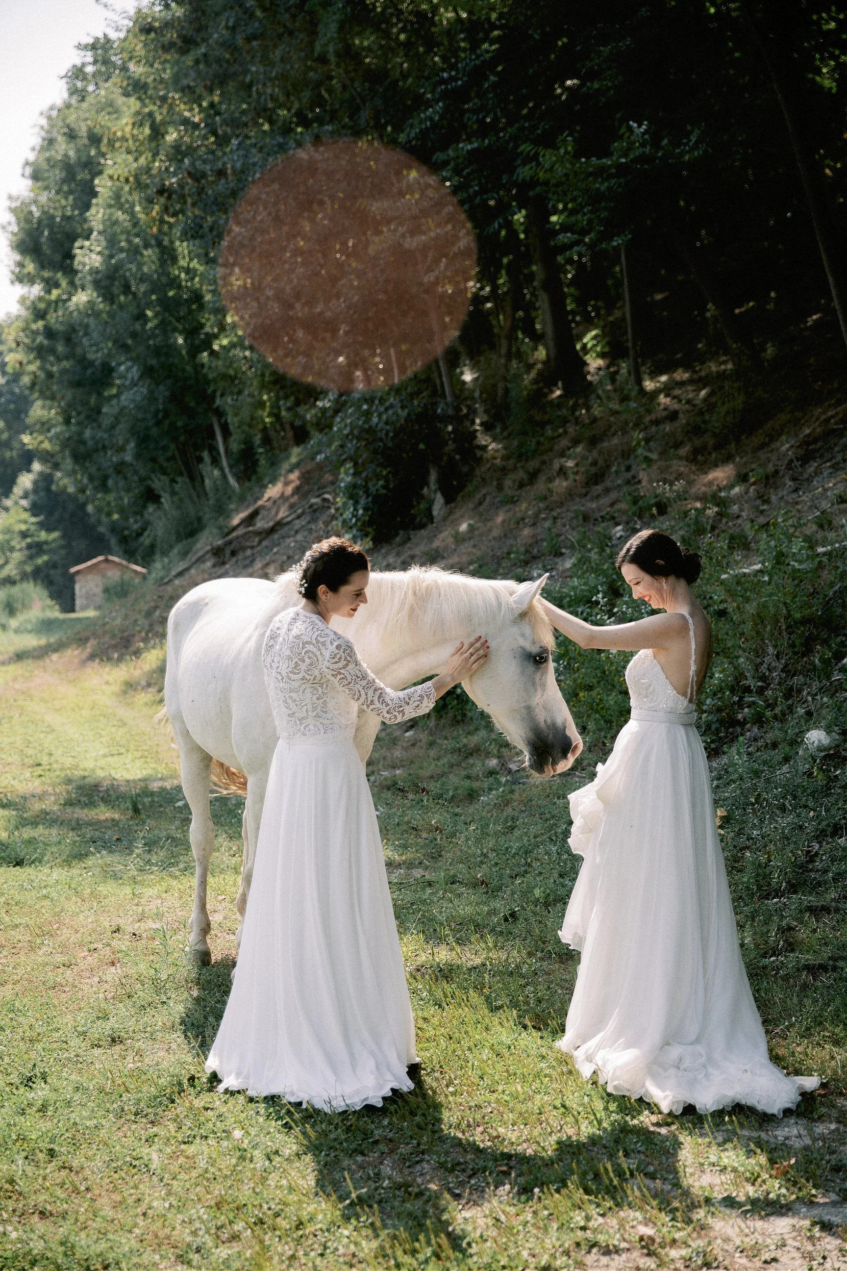 Due donne in abiti da sposa accarezzano un cavallo bianco in un campo verde circondato da alberi.