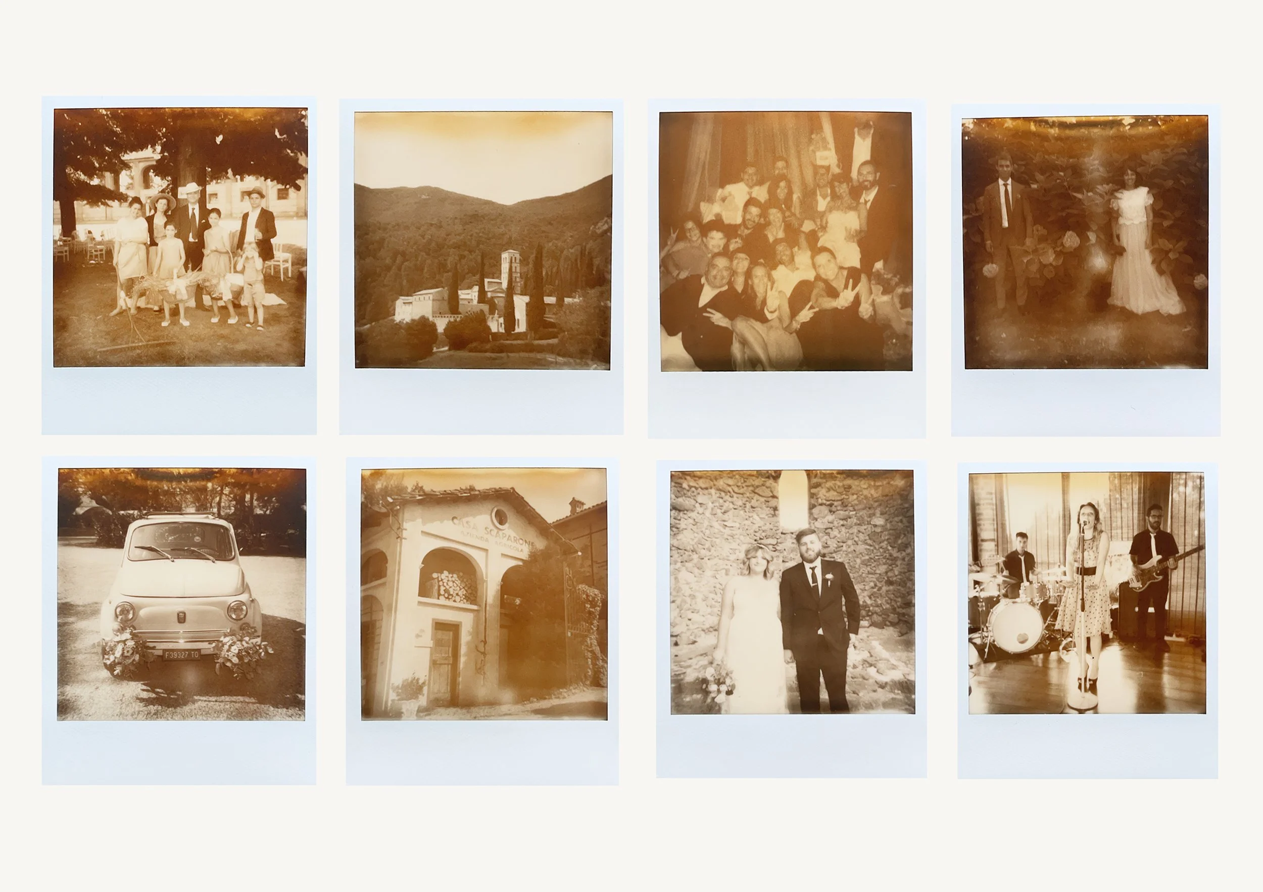 Serie di fotografie in stile vintage, alcune con scene di persone, paesaggi, un’automobile e un edificio storico, tutte in tonalità sepia.