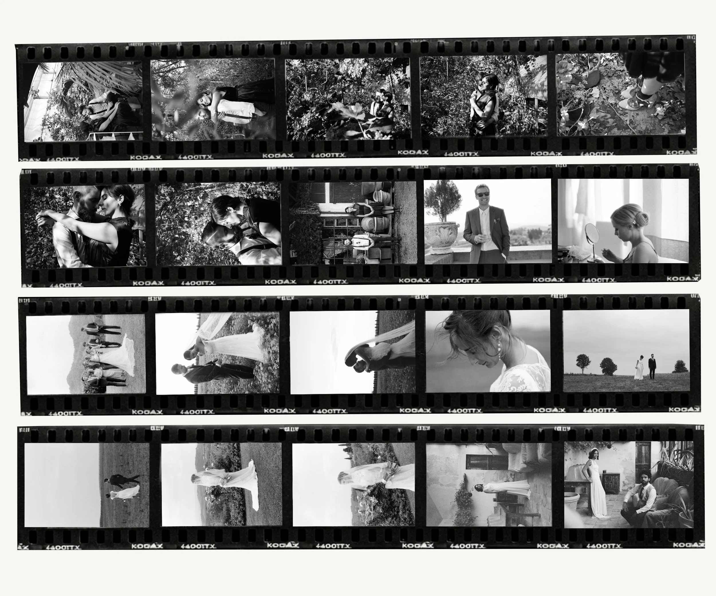 Sequenza di fotografie in bianco e nero che catturano momenti di un matrimonio all'aperto, con sposi, ospiti e paesaggi naturali.