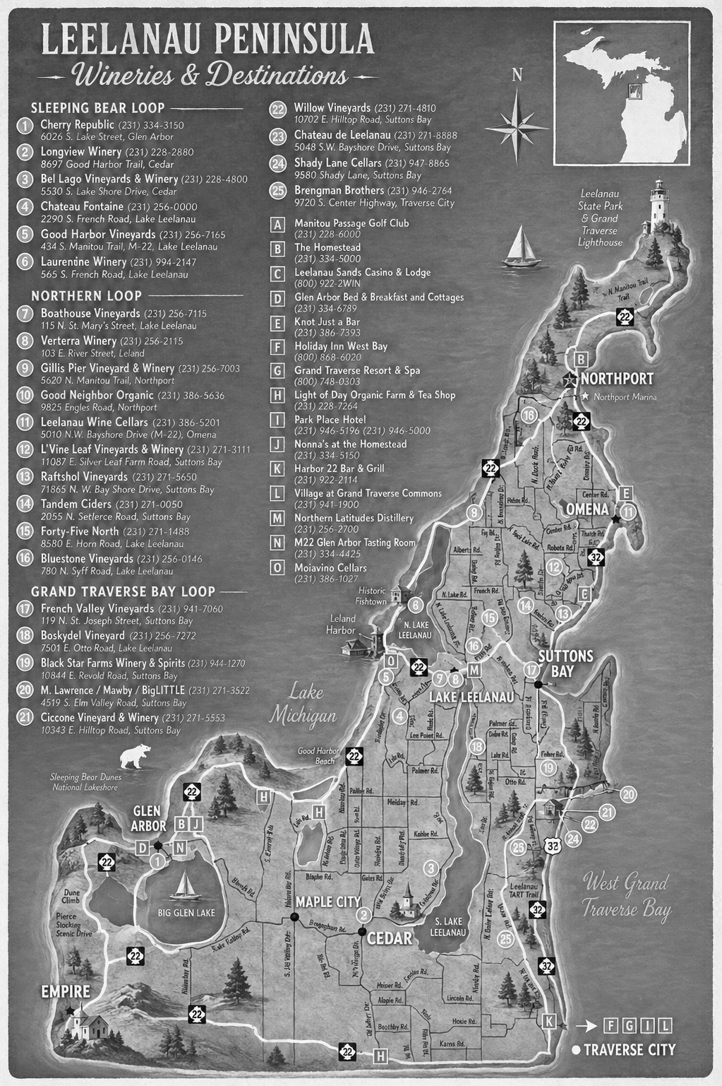Map of Leelanau Peninsula with wineries, destinations, and towns, including Sleeping Bear Dunes, Glen Arbor, Suttons Bay, and Cedar, with roads, landmarks, and a compass rose.