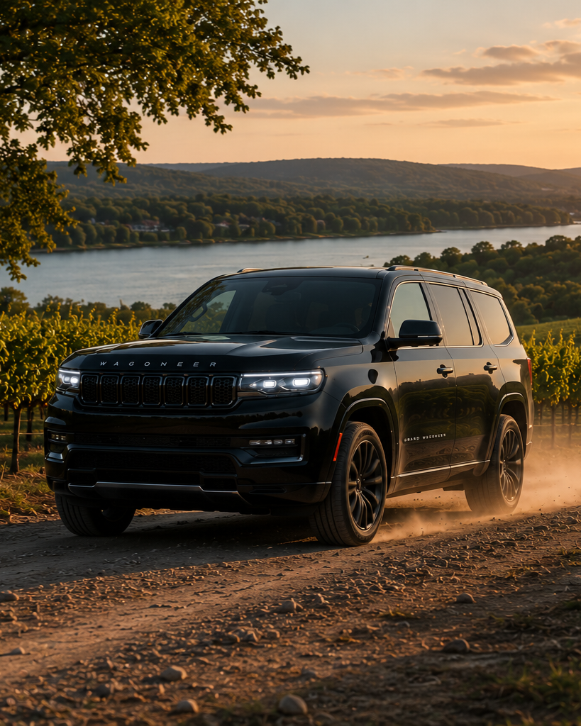 A black SUV driving on a dirt road through a vineyard at sunset with a river and hills in the background.