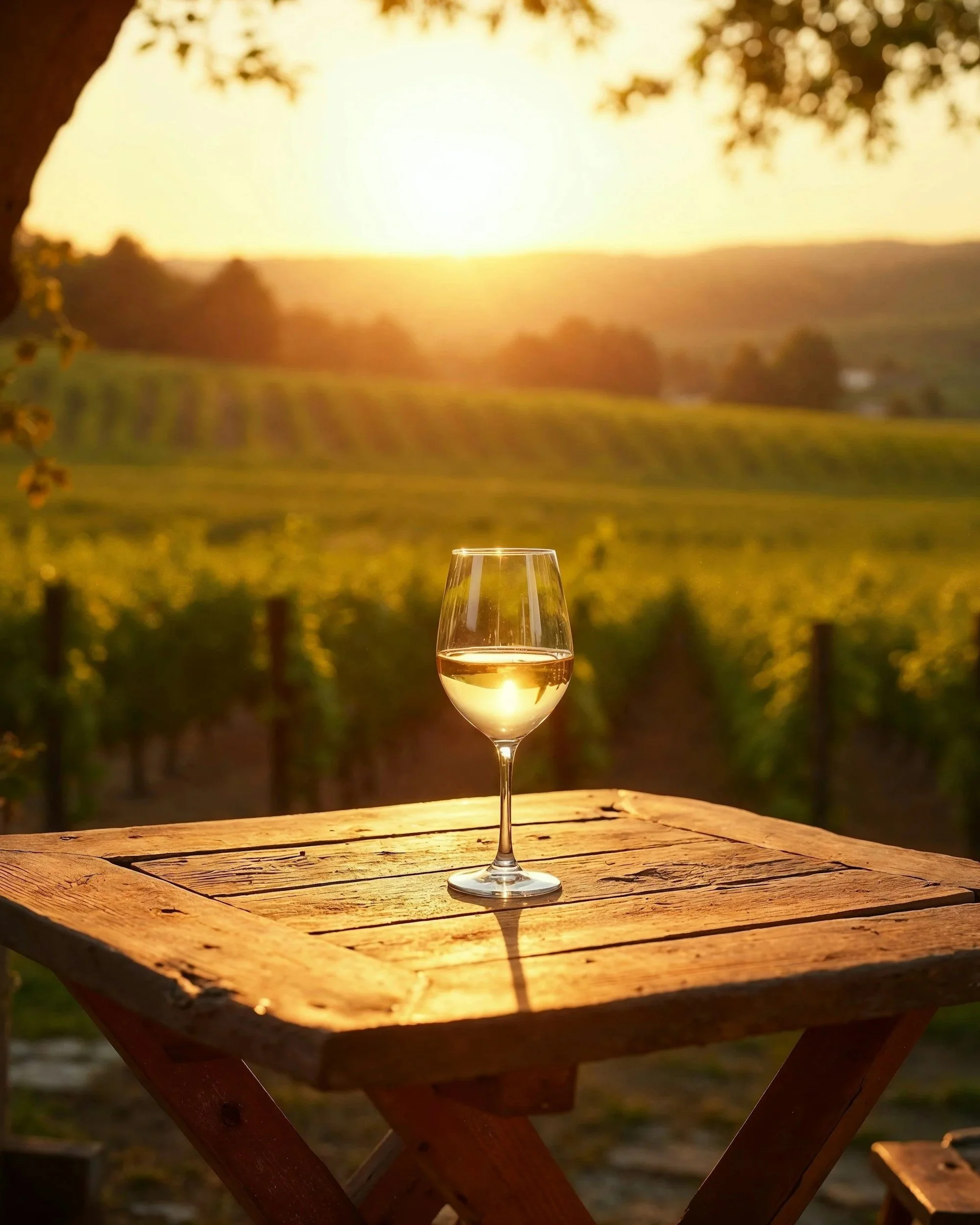 A glass of white wine on a wooden table outdoors with a scenic sunset view of fields and trees in the background.