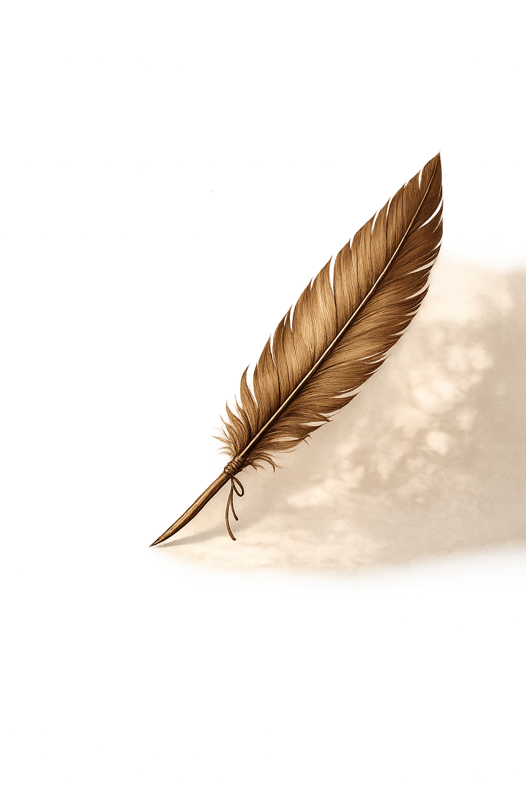 A painting of a brown feather on a cloudy sky background.