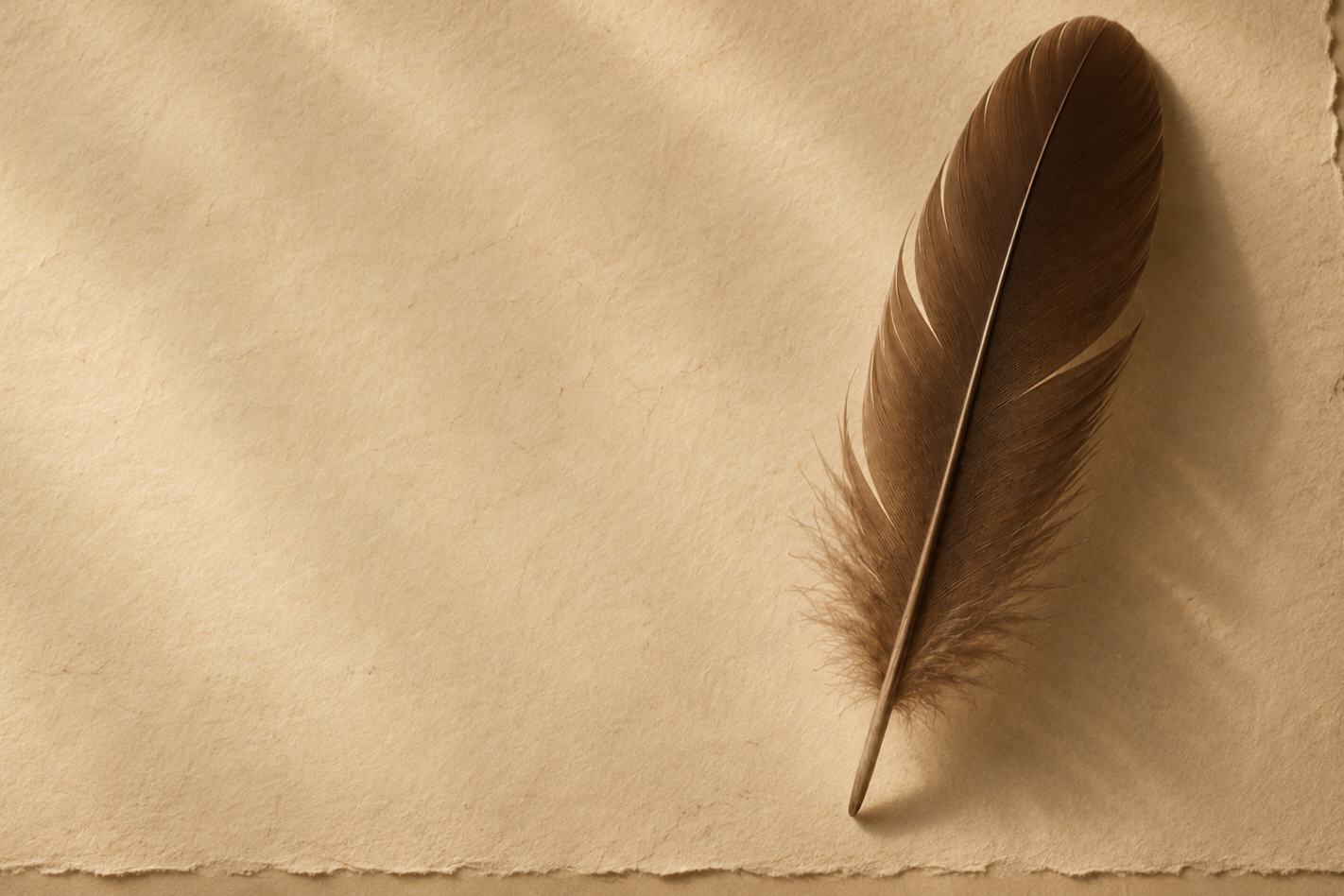 A brown feather resting on a textured beige piece of paper.