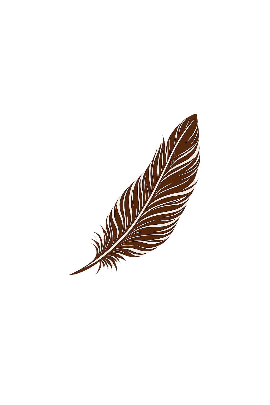 Backlit brown feather with white vein details on a gray background