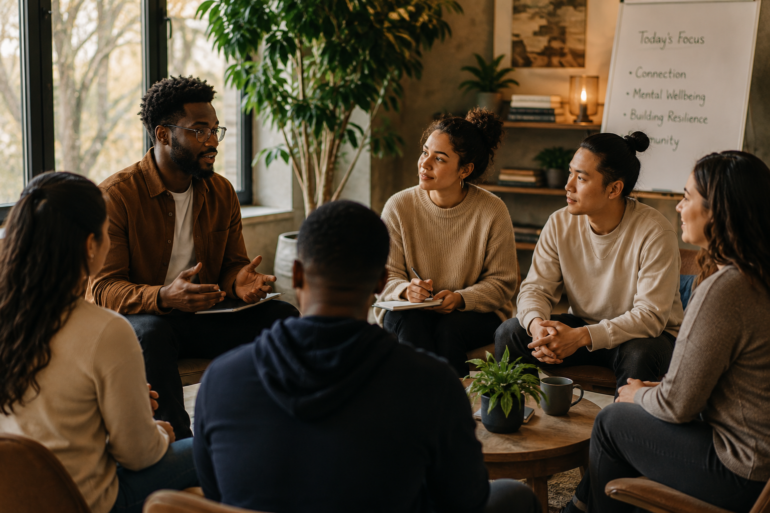 Group of diverse people having a discussion in a cozy room with large windows, plants, and a whiteboard.