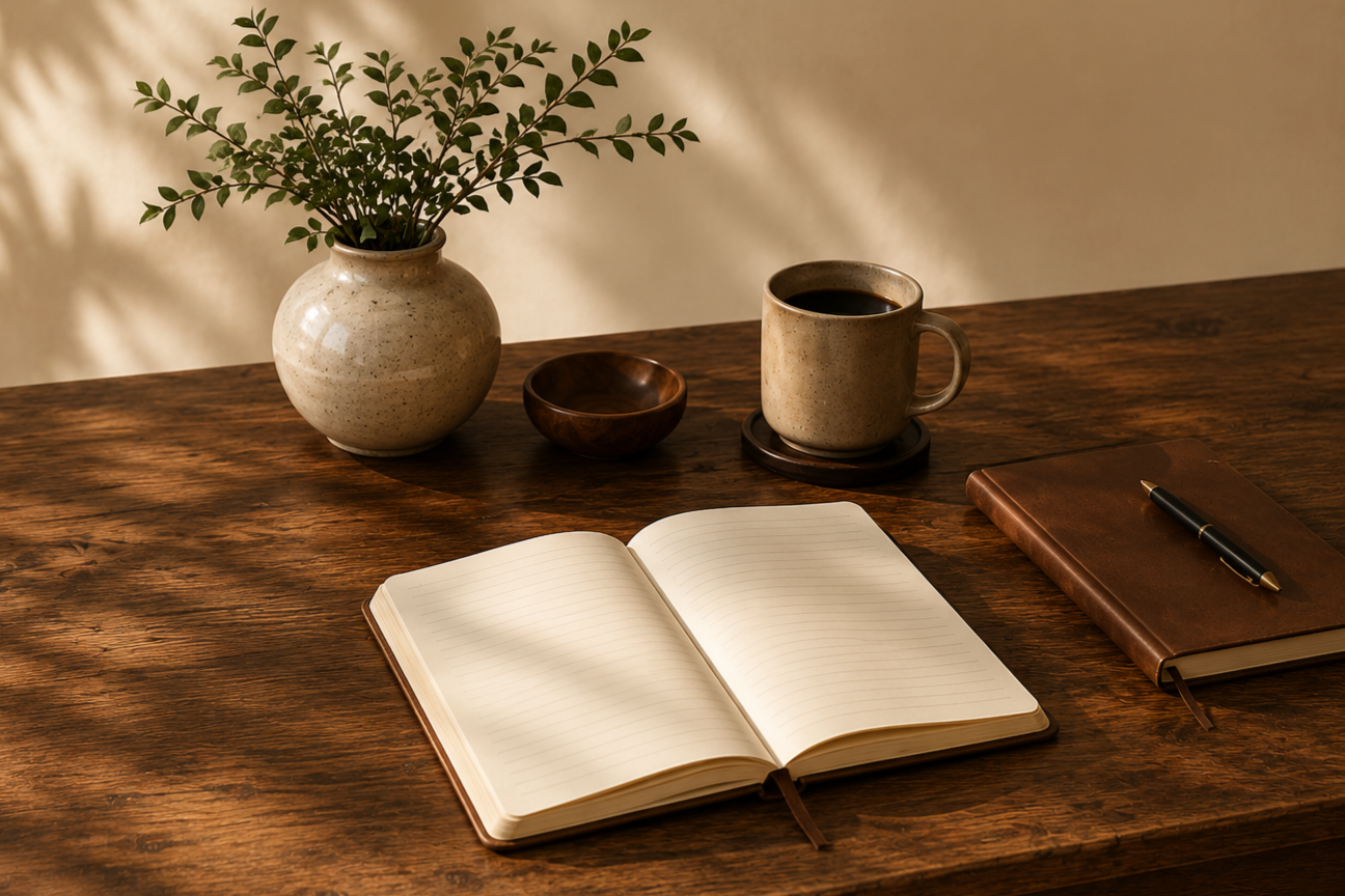 Open blank notebook, closed leather-bound notebook with pen, coffee mug, empty small bowl, ceramic vase with green leafy plant on wooden table.