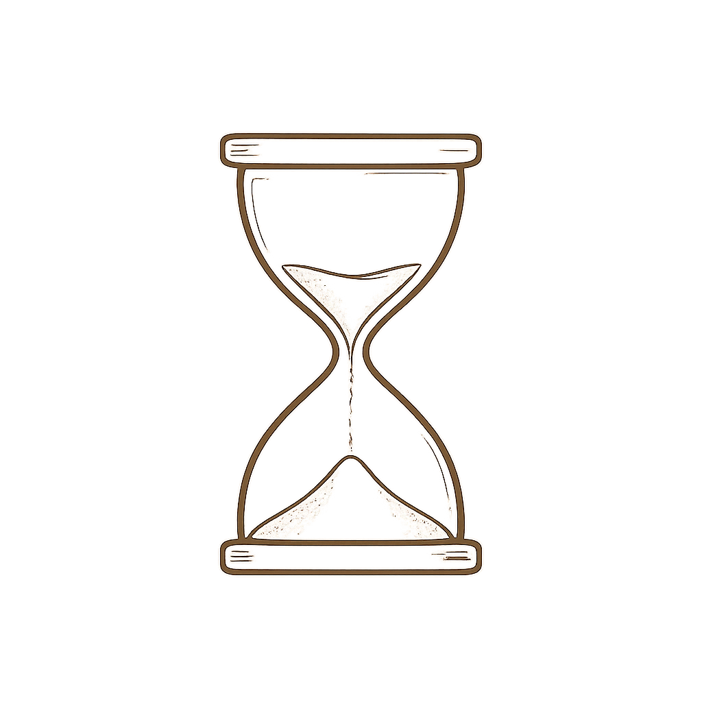 Illustration of an hourglass with sand flowing from the top chamber to the bottom chamber, set against a background divided into black and beige halves.