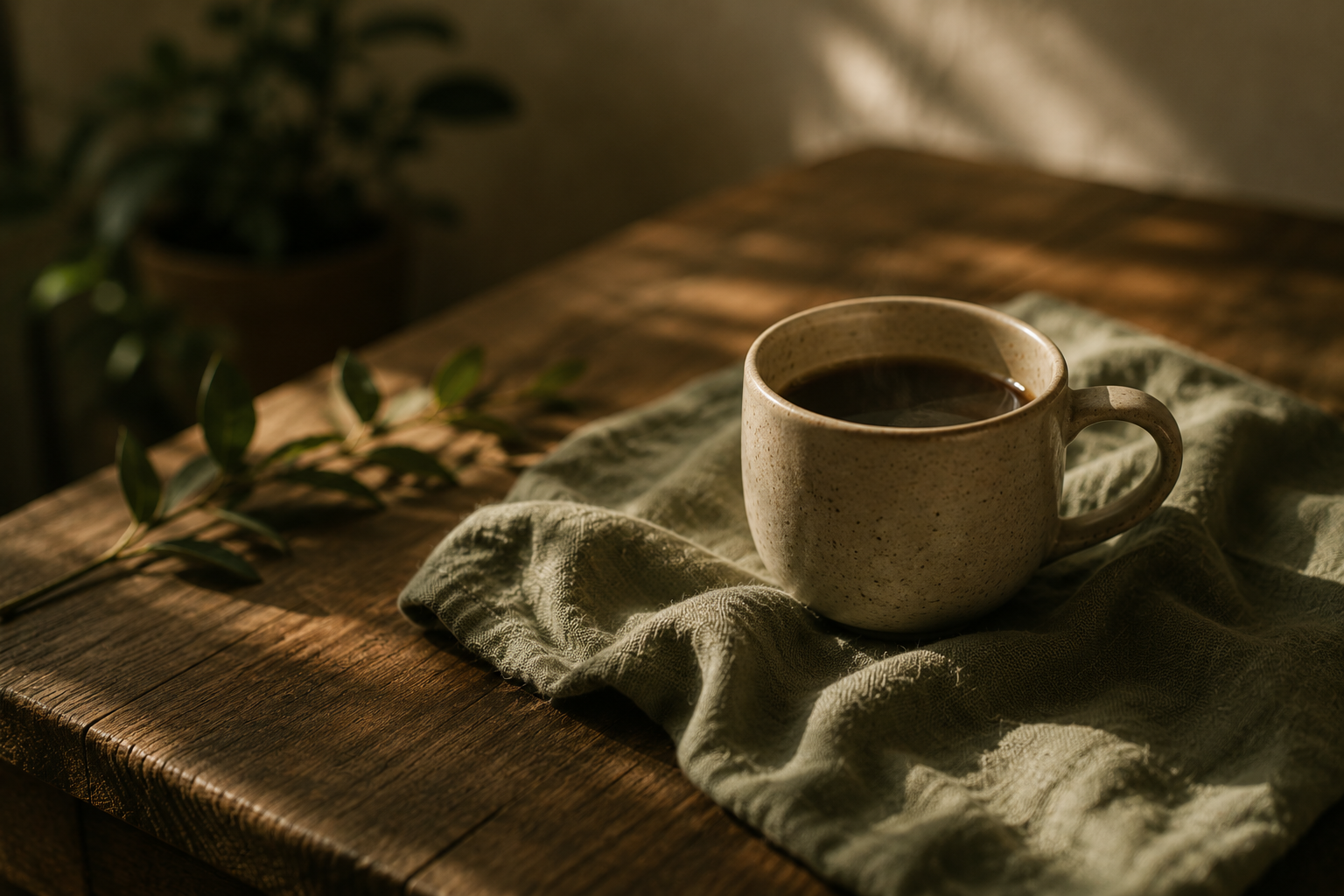 A beige speckled ceramic mug filled with black coffee on a rustic wooden table, with a light green cloth underneath. In the background, a potted plant is visible with diffused sunlight casting shadows on the table.