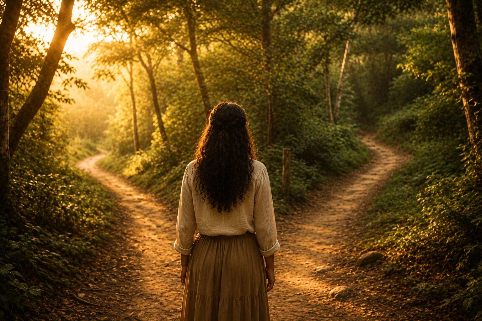 A woman with curly hair standing at a fork in a wooded dirt path during sunset.