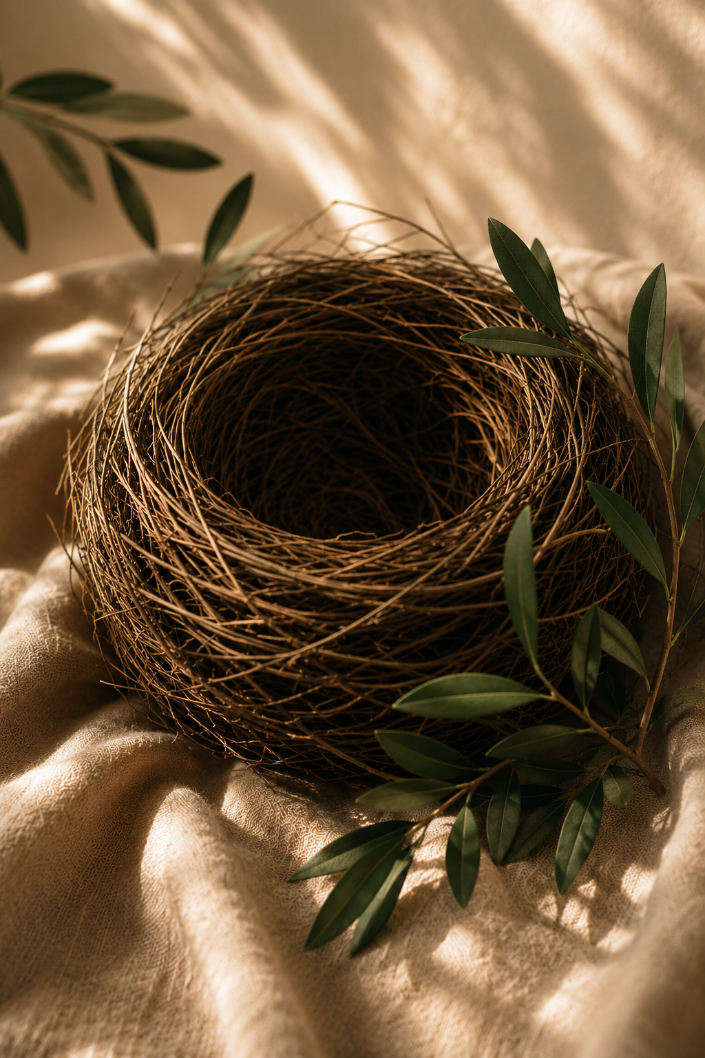 Empty bird nest surrounded by green leaves on a beige fabric background with soft lighting.