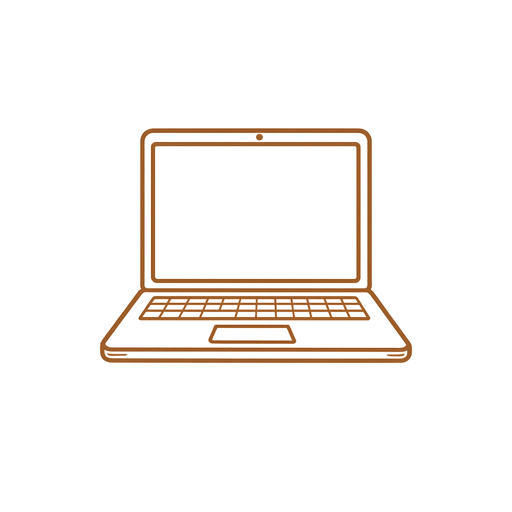 A simple illustration of a light brown laptop on a dark background.