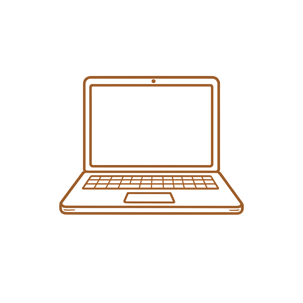 Outline of a laptop with a glowing orange outline on a dark background.