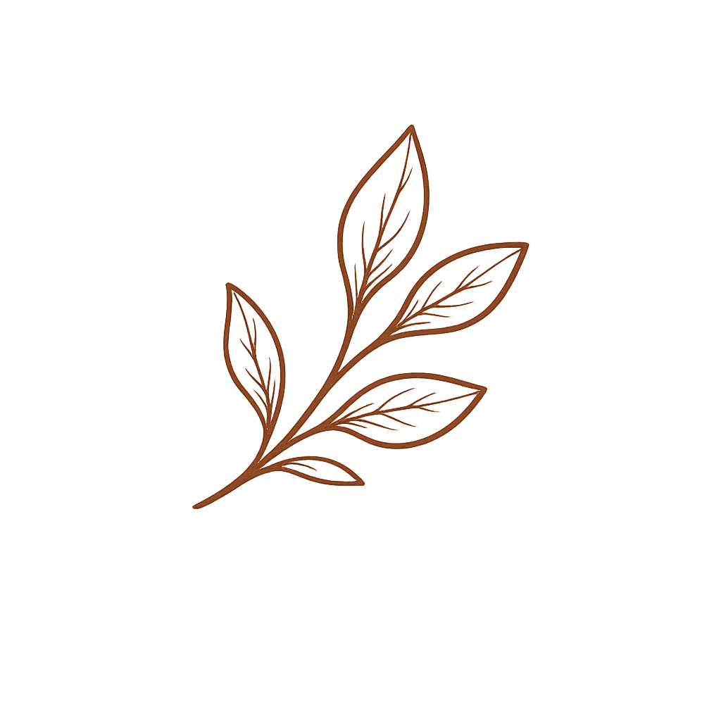 Line drawing of a branch with multiple leaves.