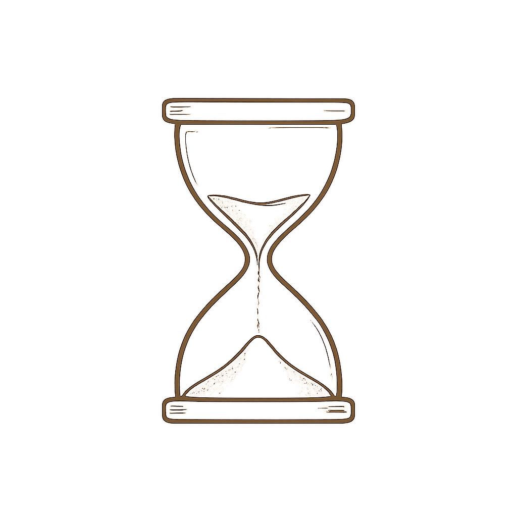 Illustration of an hourglass with sand inside, set against a background split between black and beige.