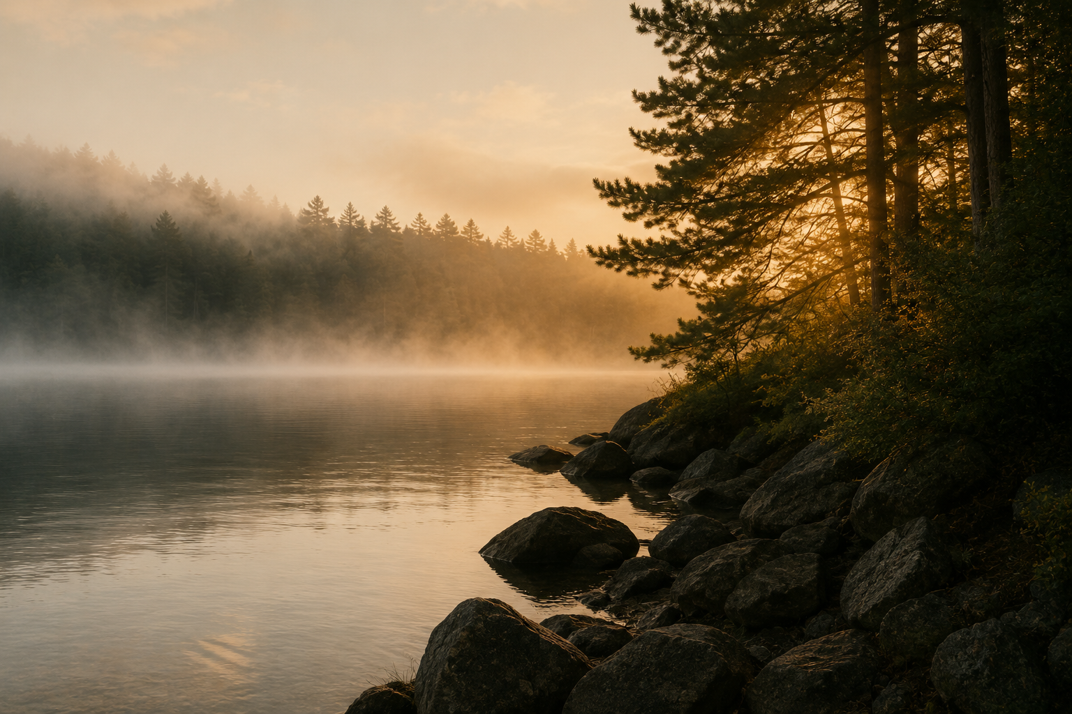 A peaceful lakeside scene at sunrise or sunset with mist over the water, trees on the rocky shoreline, and sunlight filtering through the branches.