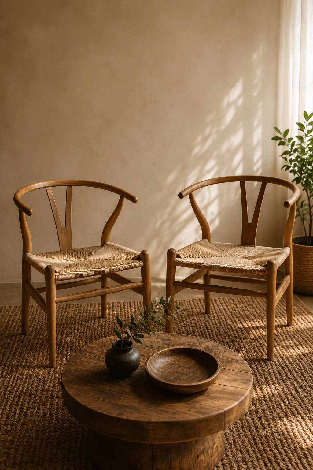 Two wooden chairs with woven seats and curved backrests sit on a textured rug in a sunlit room. A round wooden coffee table with a black vase and green plant is in front of the chairs, with a potted plant or tree in the background.