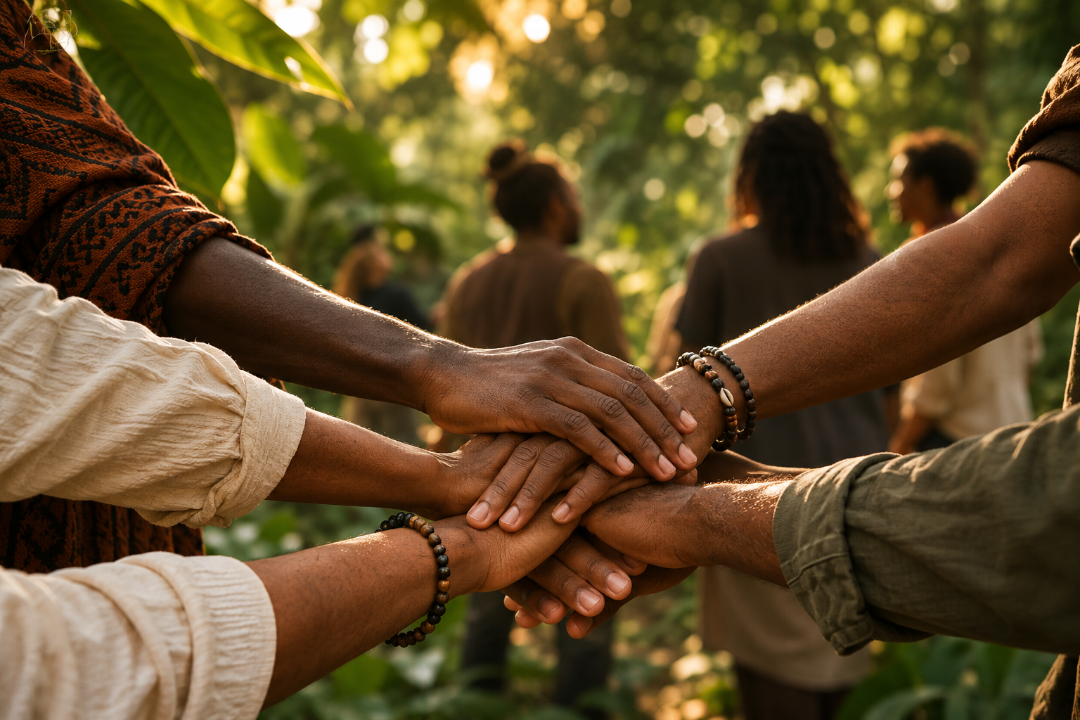 A group of diverse people holding hands together in a circle outdoors, with sunlight filtering through trees in the background.