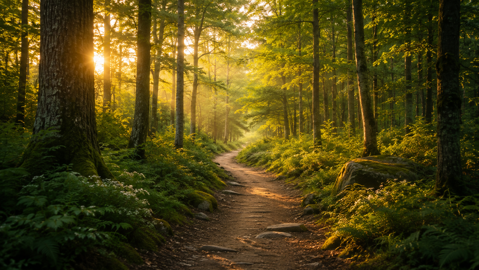 A sunlit forest trail surrounded by tall trees with green leaves and moss-covered rocks, illuminated by golden sunlight filtering through the foliage.