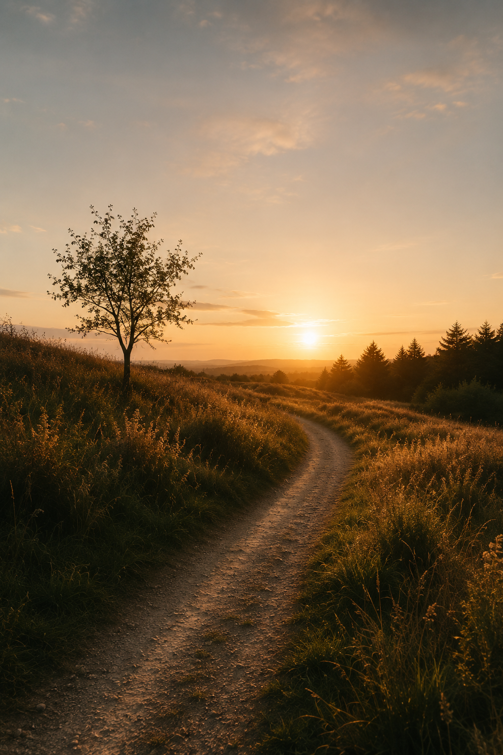A dirt path winding through grassy fields with a lone tree on the left and a line of trees in the distance, during sunset.