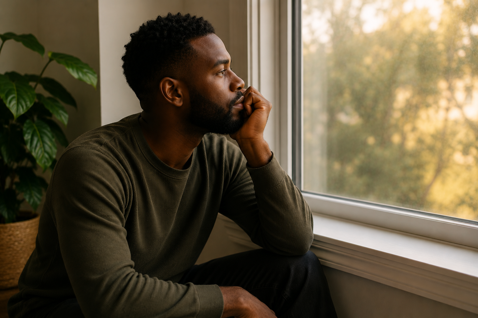 A man with a beard and curly hair sitting by a window, looking outside thoughtfully with his chin resting on his hand.