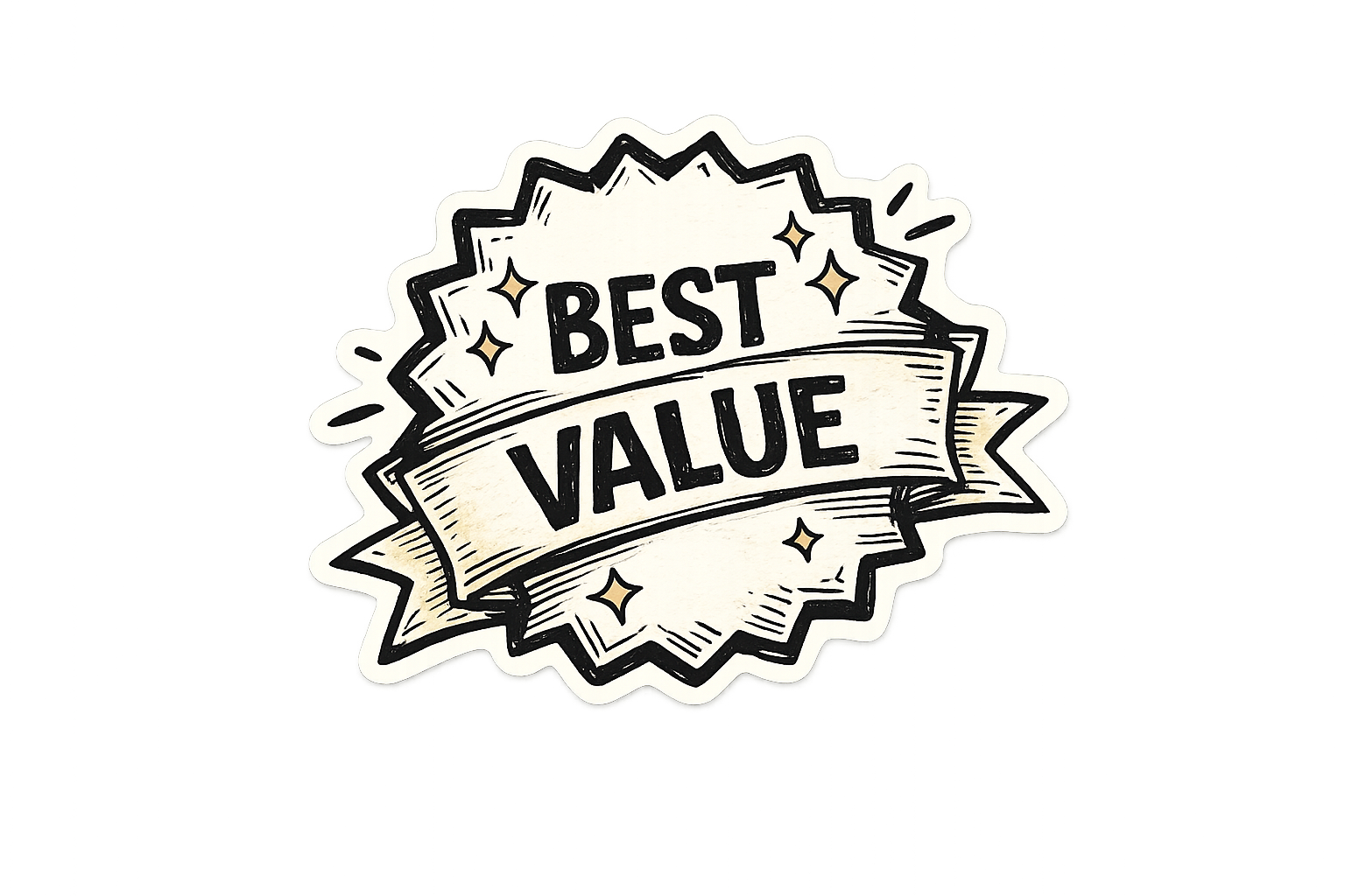 A badge with a decorative black border and banner reading "Best Value" in bold black letters, with small star accents.