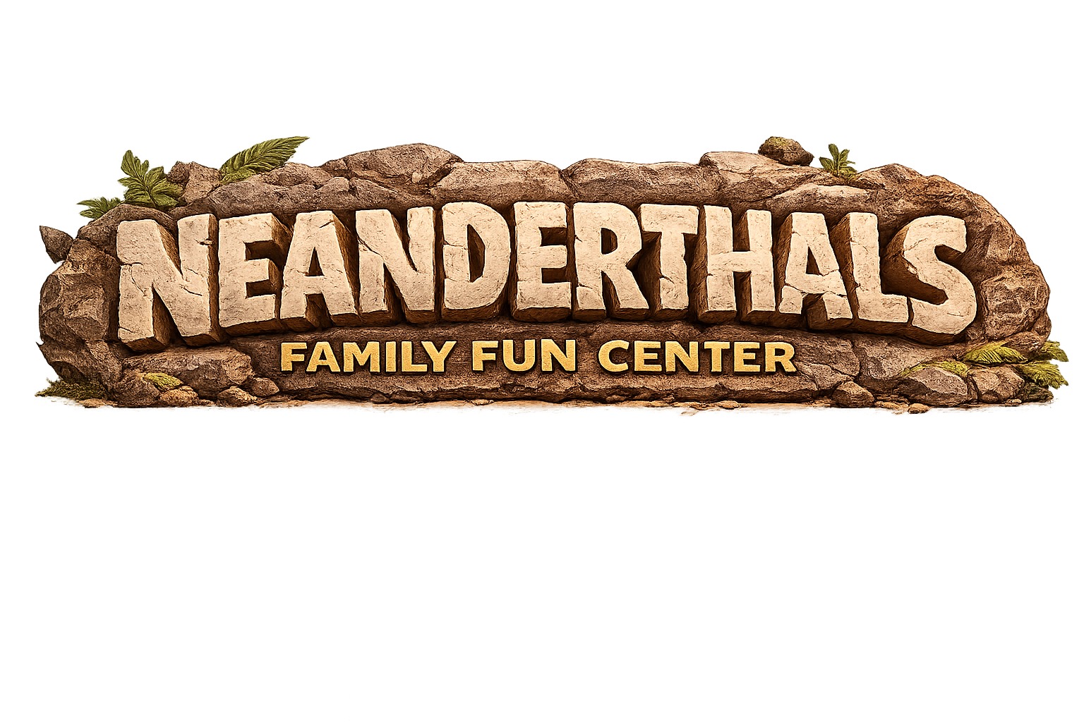 Sign for Neanderthals Family Fun Center designed with large stone text on a rocky background with some leafy greenery.