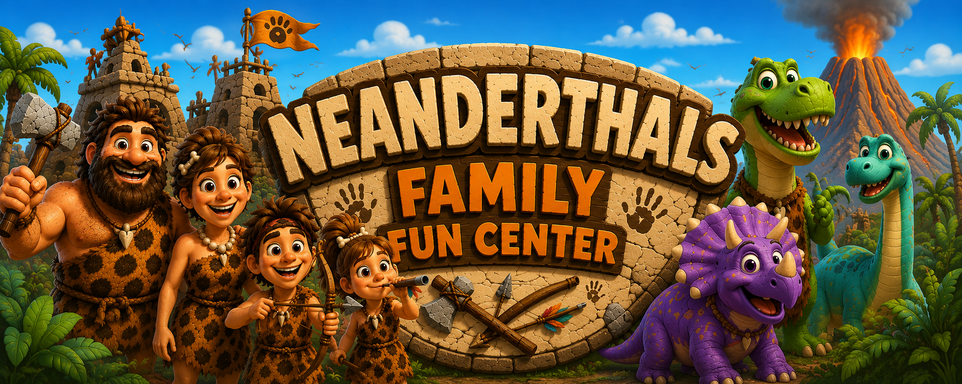 Cartoon family and dinosaurs at Neanderthals Family Fun Center, with stone castle, volcano, trees, and clear blue sky.