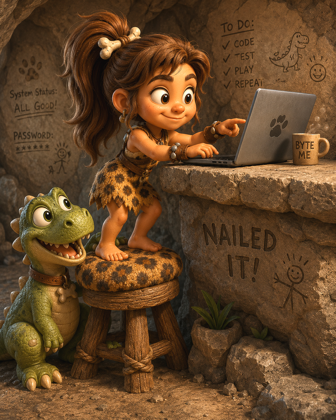 Animated prehistoric girl with animal print clothing and accessories using a laptop at a stone desk, with a cute pet dinosaur nearby, in a cave with children's drawings and to-do list on the wall.