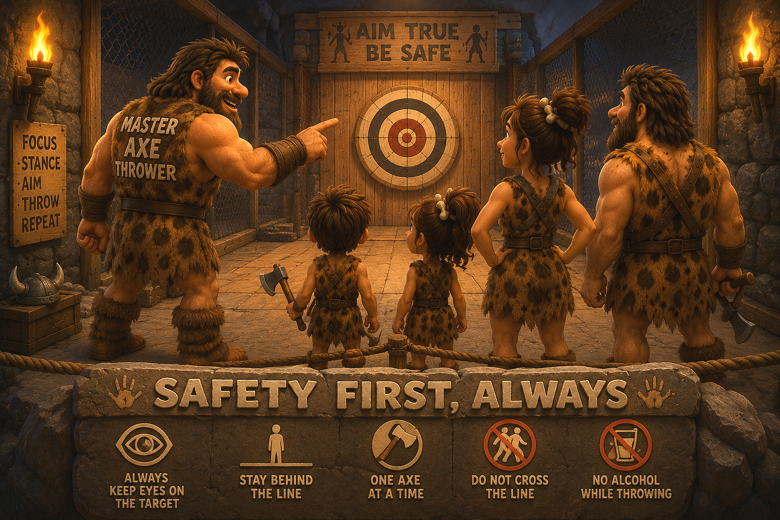 Animated depiction of a prehistoric axe-throwing game with cave people, including an instructor and four participants, inside a rustic arena with safety signs and a target. The instructor is pointing at the target, and the participants are ready with axes. Sign at the bottom reads 'Safety First, Always' with instructions for safe axe throwing.
