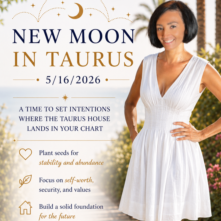 A woman in a white dress smiling outdoors with plants and trees in the background, promoting a new moon in Taurus event on May 16, 2026, with details about setting intentions, planting seeds, focusing on self-worth, and building a foundation.