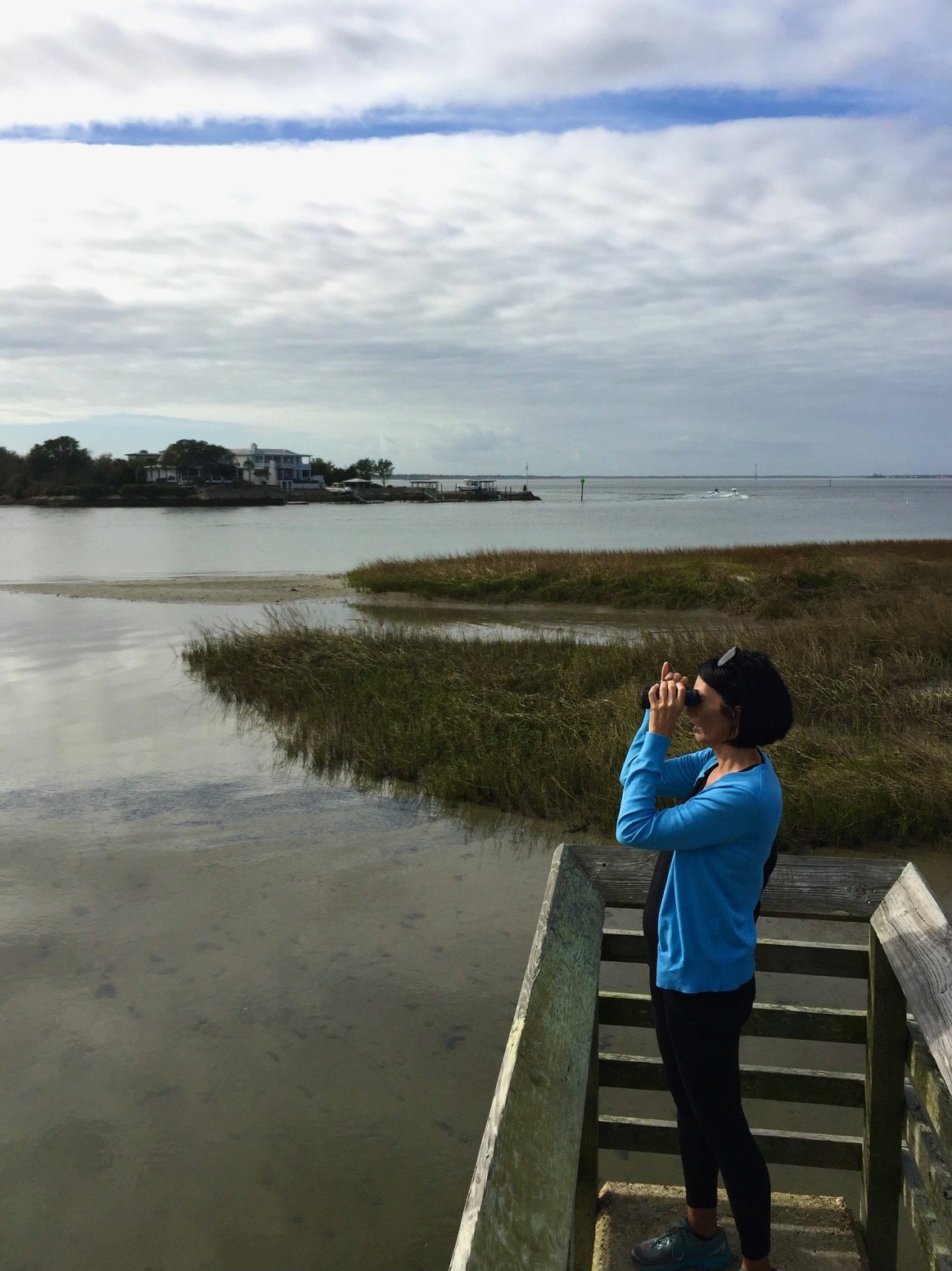 Woman in a blue jacket and black pants standing on a small wooden pier, looking through binoculars at a marshy waterway with houses in the distance, under a cloudy sky.