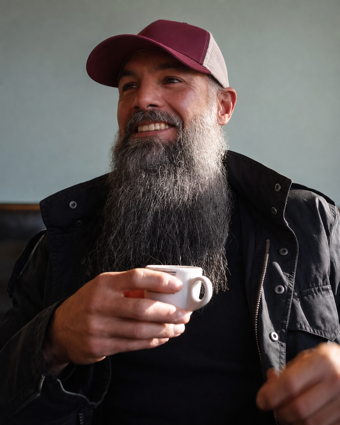 Smiling man with a beard wearing a maroon and gray cap and black jacket, holding a white coffee cup.