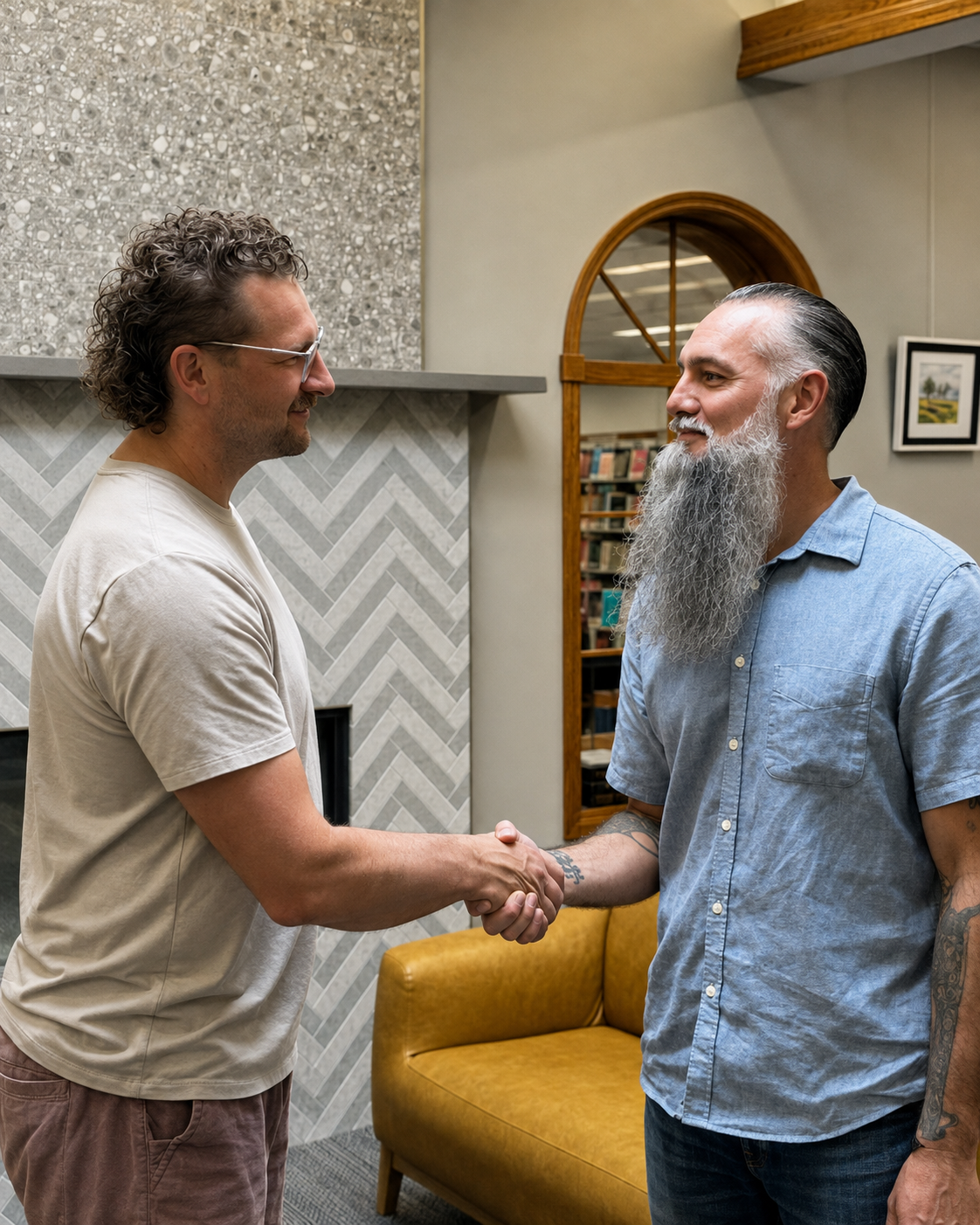 Two men shaking hands in a cozy room with a yellow armchair, bookshelf, framed picture, and a fireplace.