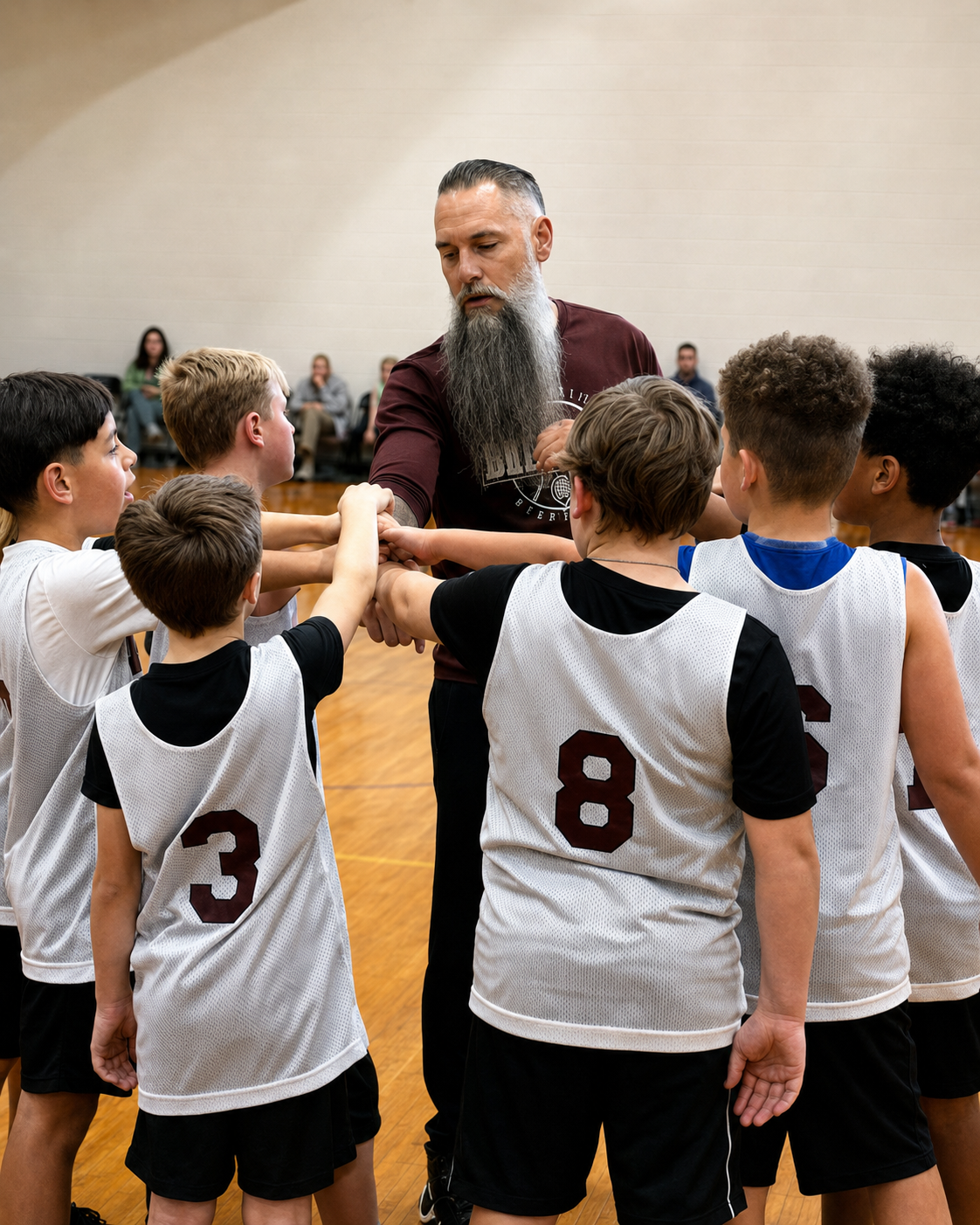 A basketball coach with a long gray beard leading a team of young boys in a huddle on a gymnasium court.