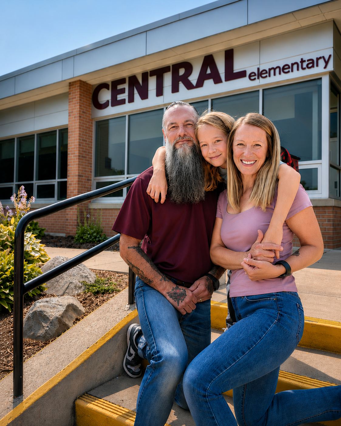 A smiling family of three stands outside an elementary school named 'Central Elementary'. They are hugging each other on the school steps, with the school building in the background.