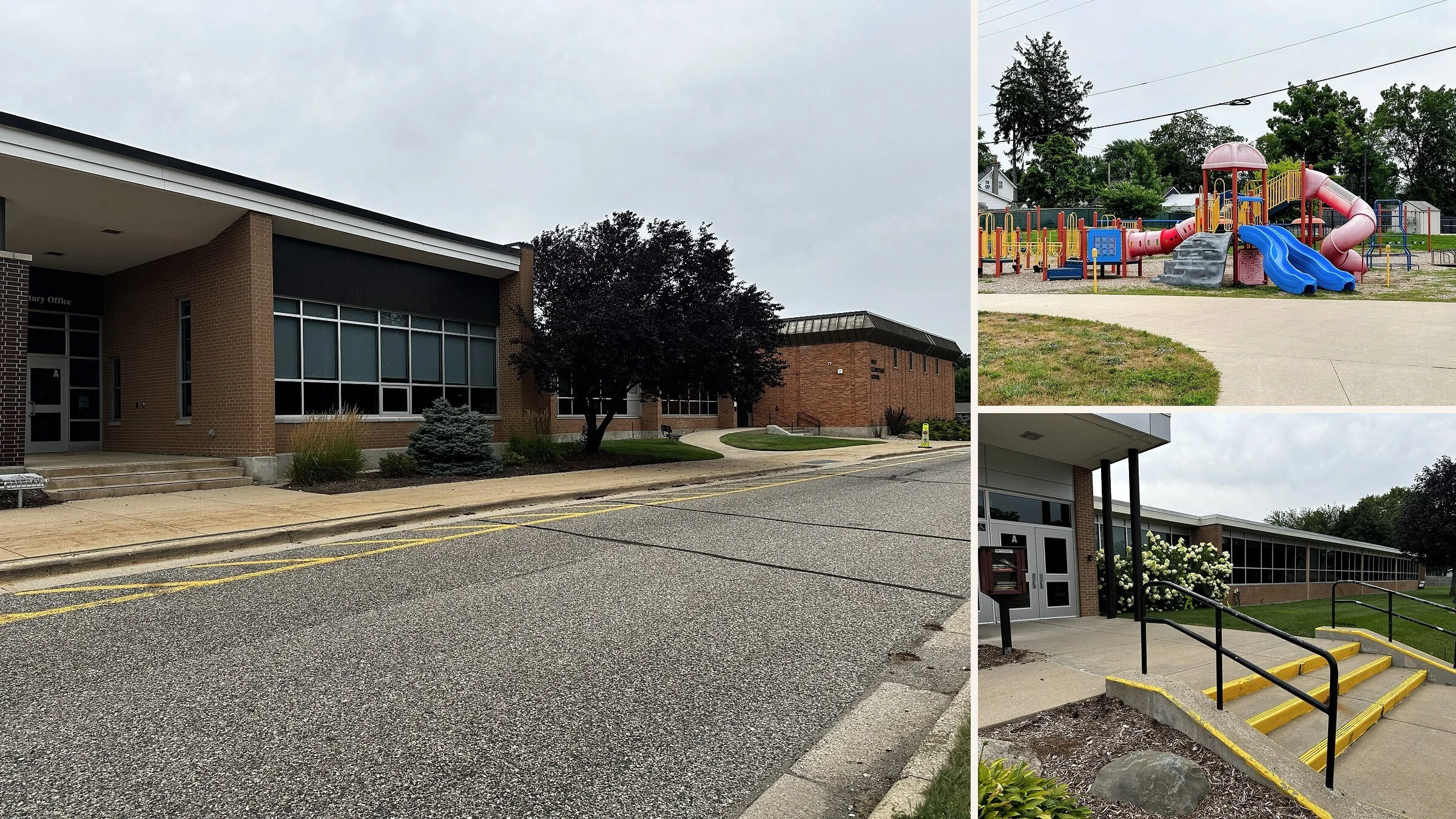 Collage of three images showing a school building, a playground with slides, and an entrance with stairs and handrails.