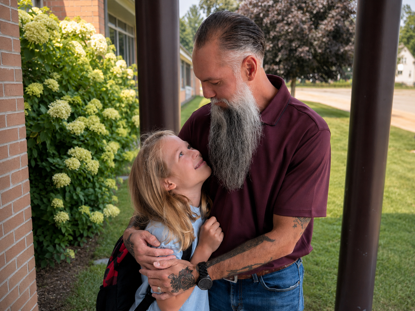A man with a long gray beard and tattoos on his arms hugging a young girl with long blonde hair, looking into each other's eyes outdoors near a brick building with green bushes and trees in the background.