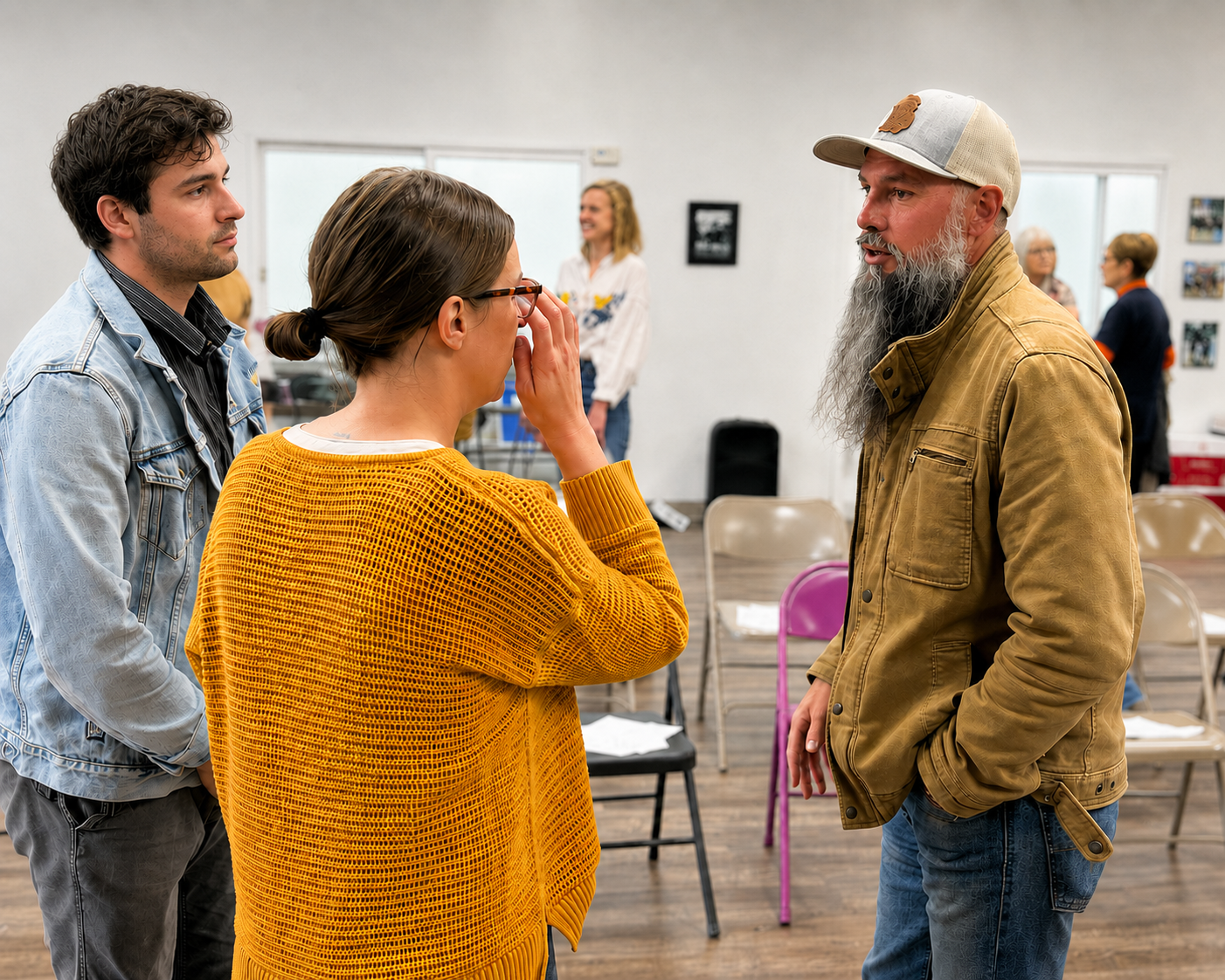 Three people having an emotional conversation in a room, with two women and one man. The woman in yellow is touching her face, and the man with a long beard and a cap is speaking.