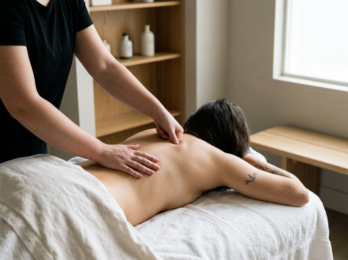 Une personne reçoit un massage sur le dos dans une pièce bien éclairée avec une fenêtre.