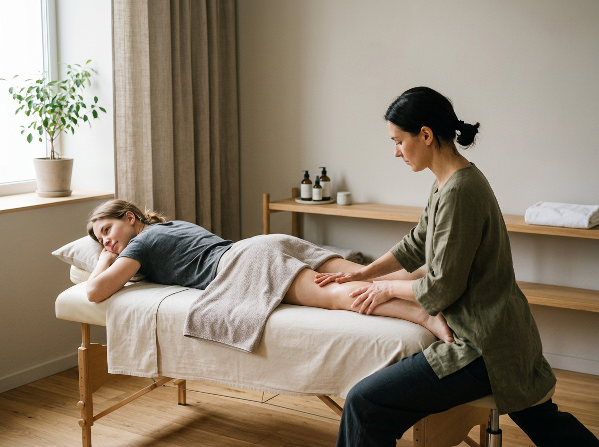 Une femme reçoit un massage des jambes par une masseuse dans une salle de massage.