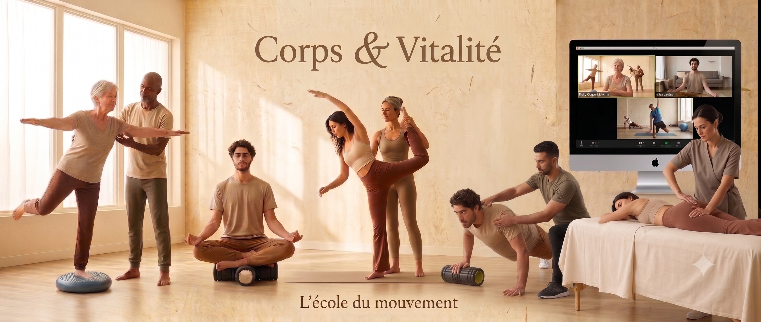 Groupe de personnes dans un studio de yoga, certains faisant des postures de yoga, d'autres recevant des massages, avec un écran montrant une séance de yoga en ligne. Titre : Corps & Vitalité, sous-titre : L'école du mouvement.
