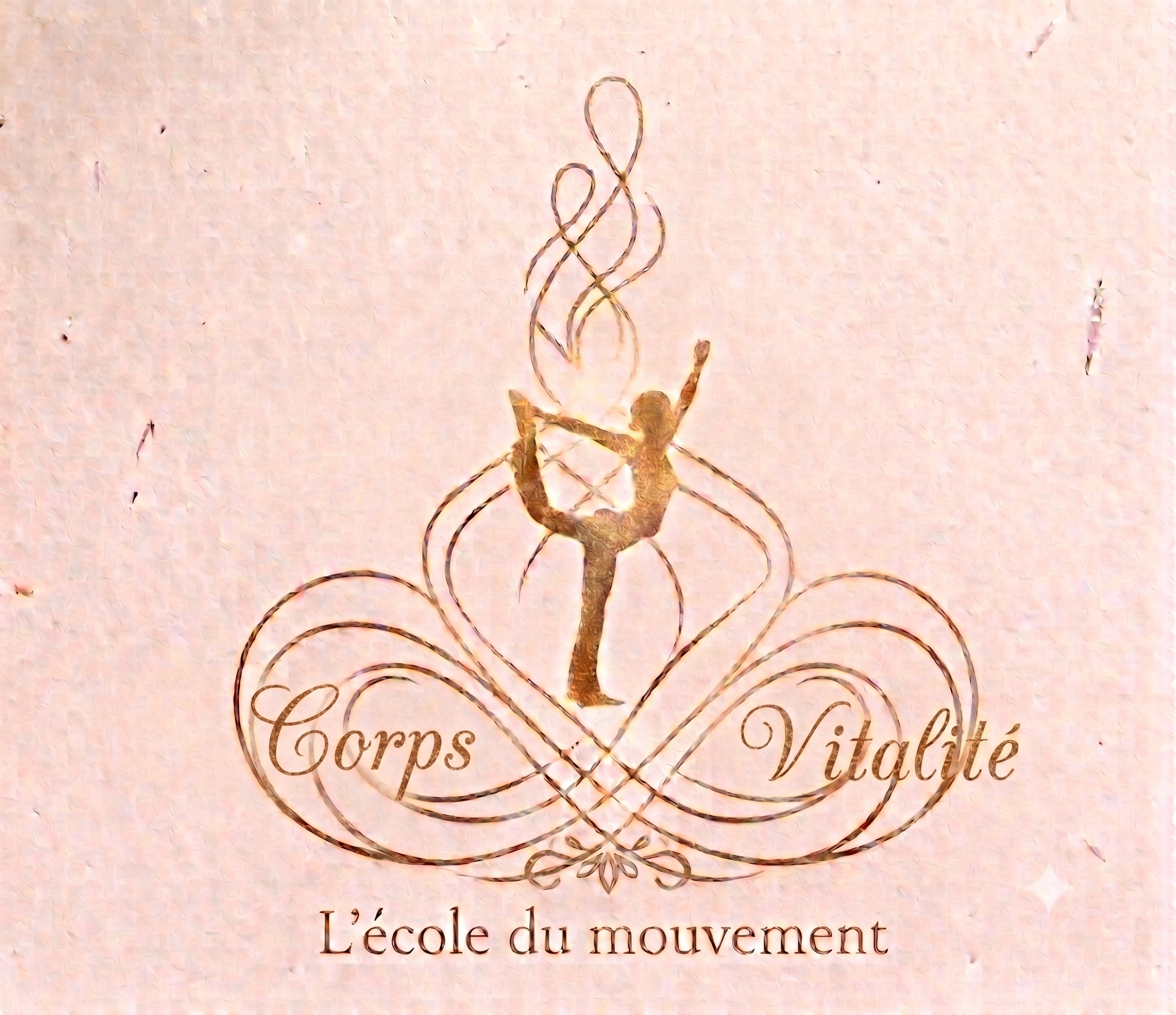 Une affiche rose pâle avec un décor en fil de fer formant une silhouette de femme. Le texte en bas indique : "L'école du mouvement" et "Corps Vitalité".