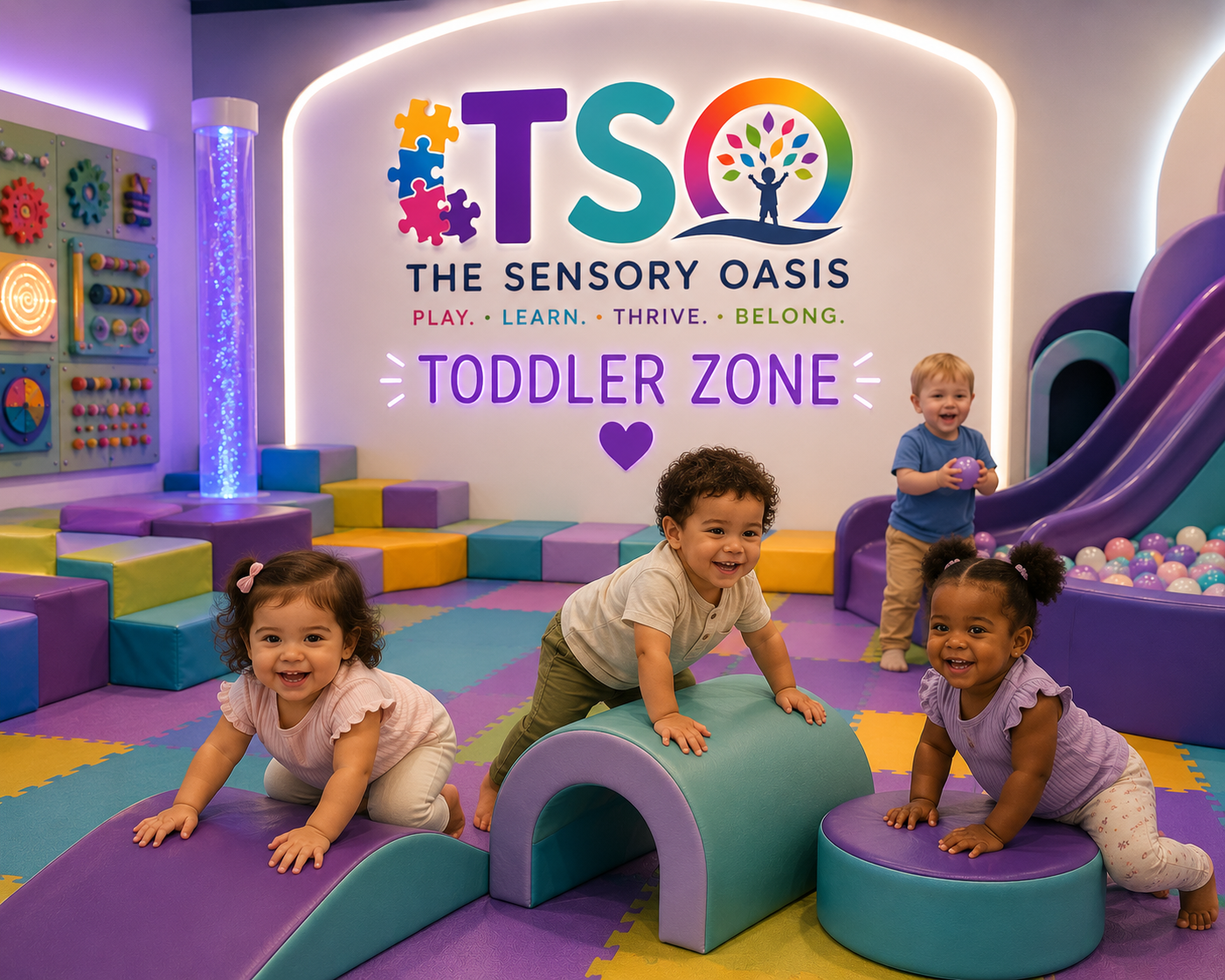 Four young children playing in a colorful toddler zone at The Sensory Oasis. The area has soft play structures, a slide, and a ball pit. The background features a sign that reads 'TSO The Sensory Oasis Play. Learn. Thrive. Belong. Toddler Zone'.