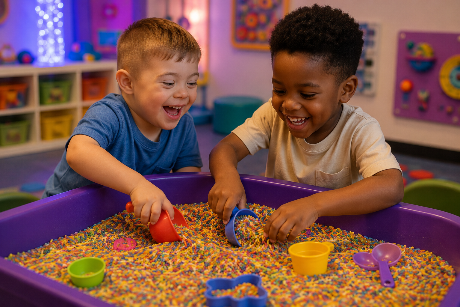 Two young boys playing together in an indoor play area with colorful sensory sand and toys, smiling and having fun.