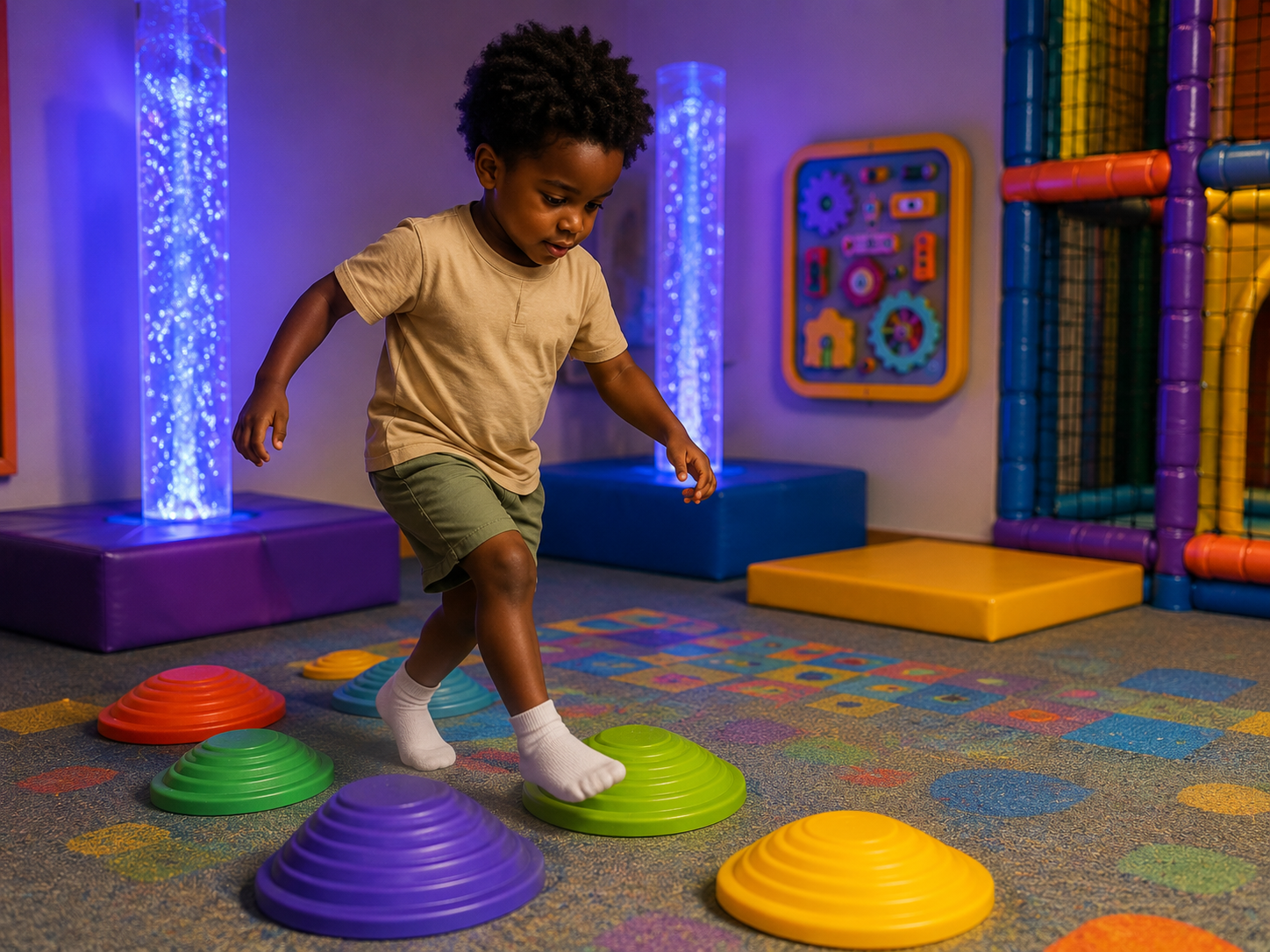 Young boy playing on a colorful indoor soft play area, stepping over rainbow-colored stepping stones on a patterned carpet.