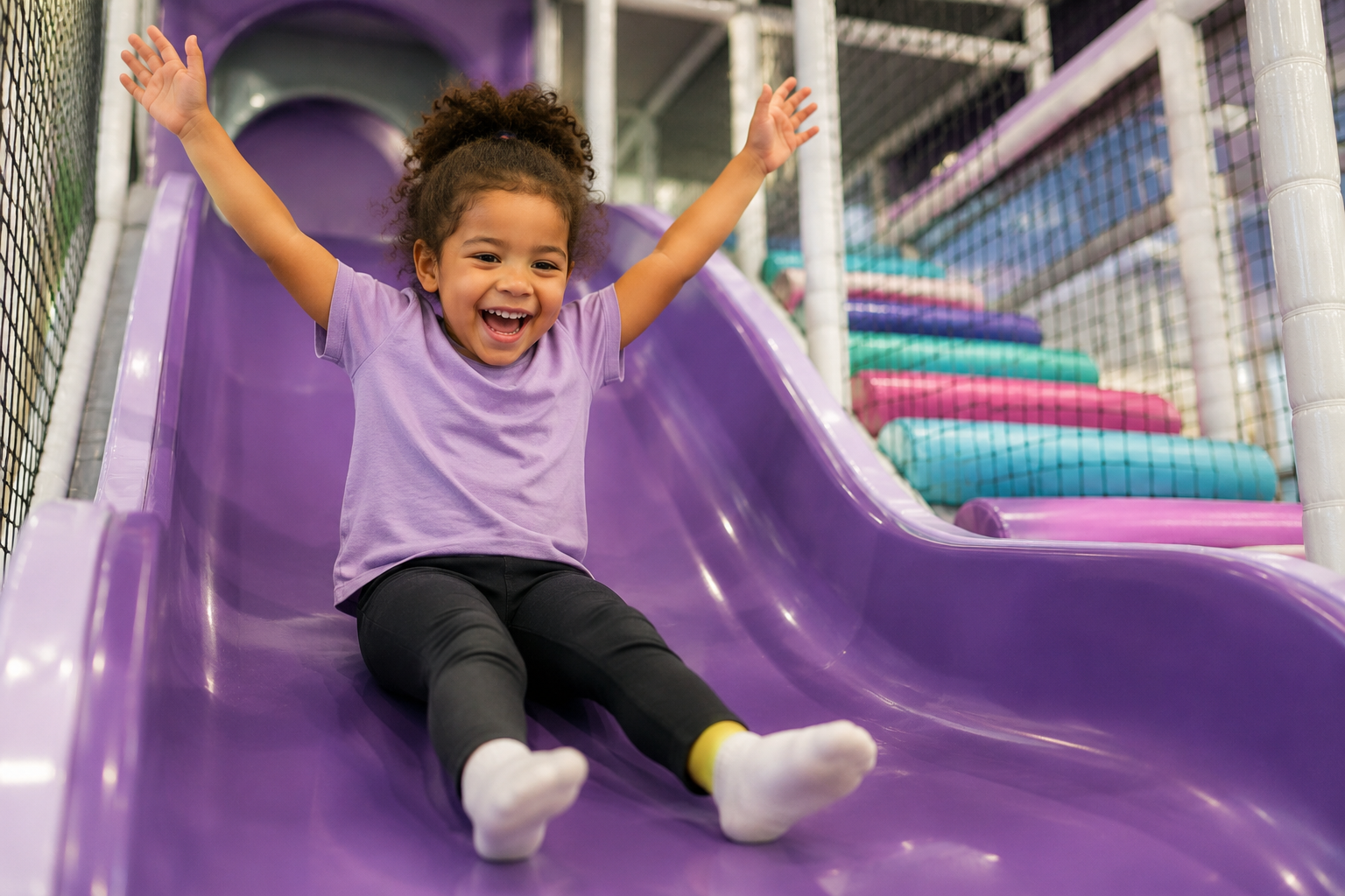 Young girl in purple shirt and black pants sliding down a purple slide at an indoor playground, smiling with arms raised.